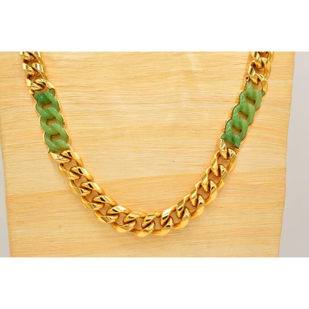 Givenchy Vintage Cuban Chain Necklace Gold Green Cabochon Heavy Signed 70s BinL - Picture 7 of 12